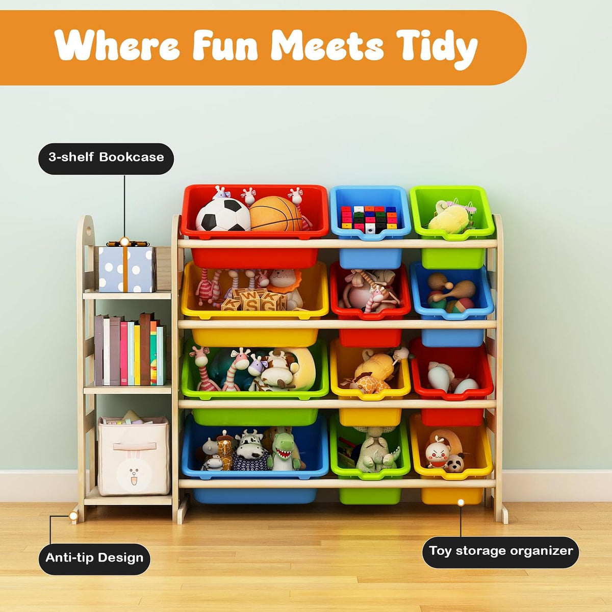 Kids Toy Storage Organizer, Toy Organizers and Storage with Stuffed Animal Storage, Toy Storage Shelf with 3 Shelves, 12 Storage Bins, Kids Bookshelf, Toy Holder for Playrooms, Bedrooms, White