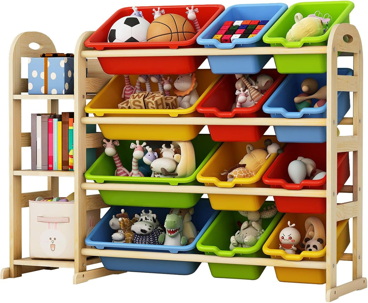 Kids Toy Storage Organizer, Toy Organizers and Storage with Stuffed Animal Storage, Toy Storage Shelf with 3 Shelves, 12 Storage Bins, Kids Bookshelf, Toy Holder for Playrooms, Bedrooms, White