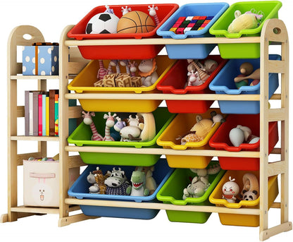 Kids Toy Storage Organizer, Toy Organizers and Storage with Stuffed Animal Storage, Toy Storage Shelf with 3 Shelves, 12 Storage Bins, Kids Bookshelf, Toy Holder for Playrooms, Bedrooms, White