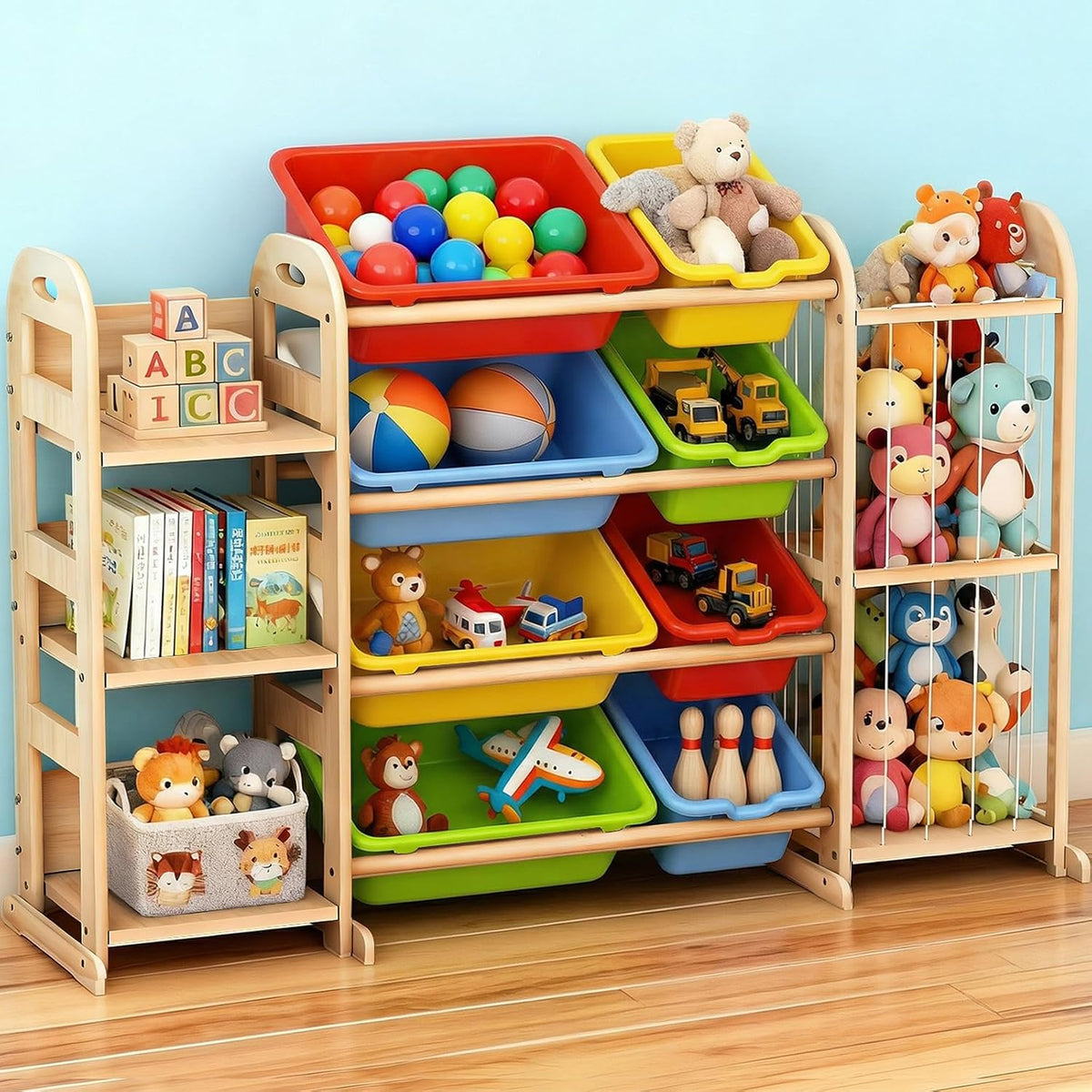 Kids Toy Storage Organizer, Toy Organizers and Storage with Stuffed Animal Storage, Toy Storage Shelf with 3 Shelves, 12 Storage Bins, Kids Bookshelf, Toy Holder for Playrooms, Bedrooms, White