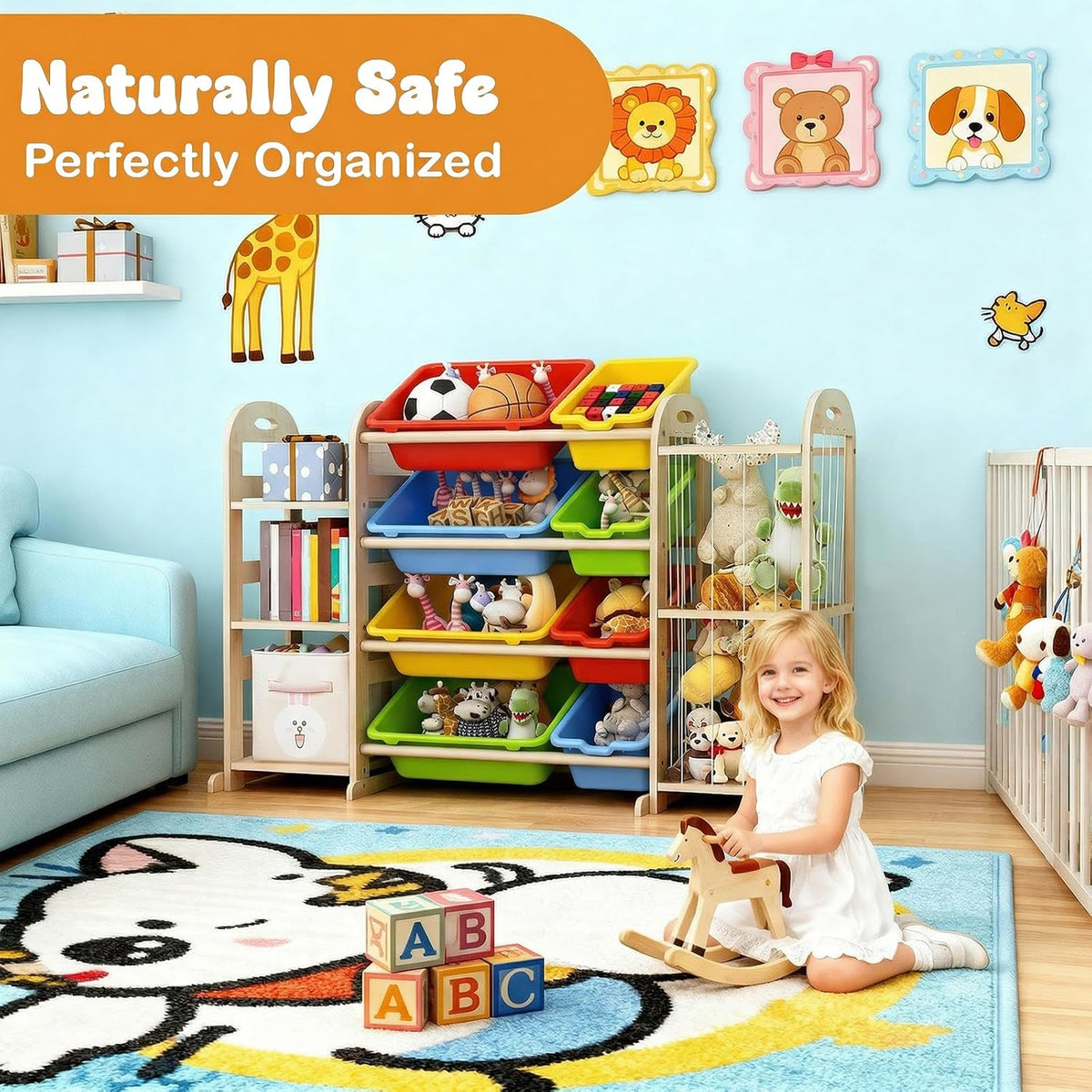 Kids Toy Storage Organizer, Toy Organizers and Storage with Stuffed Animal Storage, Toy Storage Shelf with 3 Shelves, 12 Storage Bins, Kids Bookshelf, Toy Holder for Playrooms, Bedrooms, White