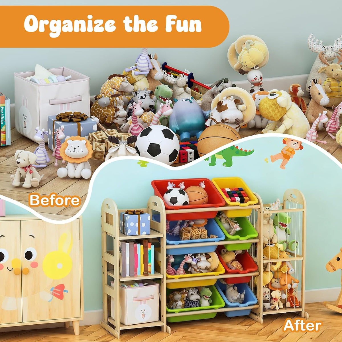 Kids Toy Storage Organizer, Toy Organizers and Storage with Stuffed Animal Storage, Toy Storage Shelf with 3 Shelves, 12 Storage Bins, Kids Bookshelf, Toy Holder for Playrooms, Bedrooms, White