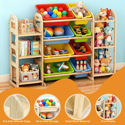 Kids Toy Storage Organizer, Toy Organizers and Storage with Stuffed Animal Storage, Toy Storage Shelf with 3 Shelves, 12 Storage Bins, Kids Bookshelf, Toy Holder for Playrooms, Bedrooms, White