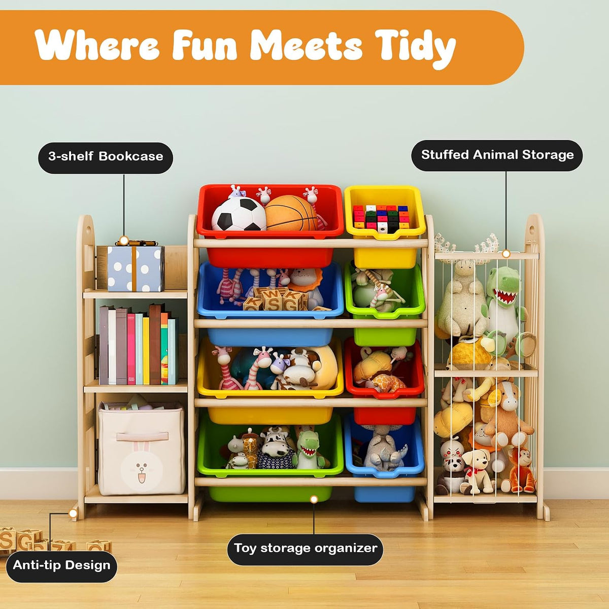 Kids Toy Storage Organizer, Toy Organizers and Storage with Stuffed Animal Storage, Toy Storage Shelf with 3 Shelves, 12 Storage Bins, Kids Bookshelf, Toy Holder for Playrooms, Bedrooms, White