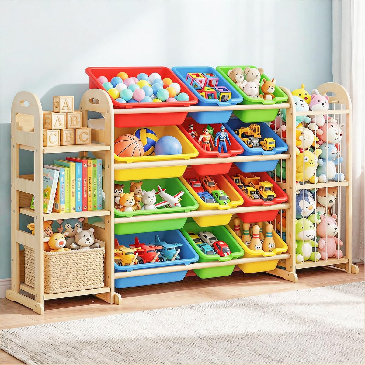 Kids Toy Storage Organizer, Toy Organizers and Storage with Stuffed Animal Storage, Toy Storage Shelf with 3 Shelves, 12 Storage Bins, Kids Bookshelf, Toy Holder for Playrooms, Bedrooms, White