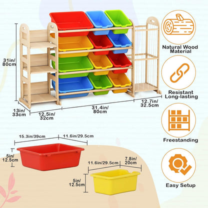 Kids Toy Storage Organizer, Toy Organizers and Storage with Stuffed Animal Storage, Toy Storage Shelf with 3 Shelves, 12 Storage Bins, Kids Bookshelf, Toy Holder for Playrooms, Bedrooms, White