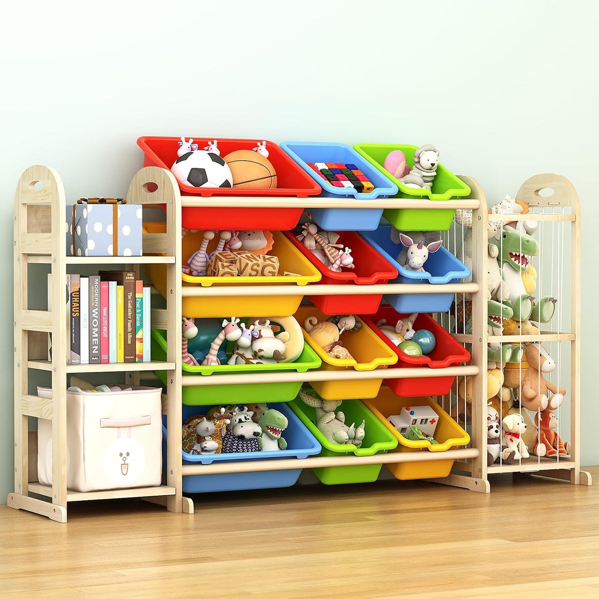 Kids Toy Storage Organizer, Toy Organizers and Storage with Stuffed Animal Storage, Toy Storage Shelf with 3 Shelves, 12 Storage Bins, Kids Bookshelf, Toy Holder for Playrooms, Bedrooms, White
