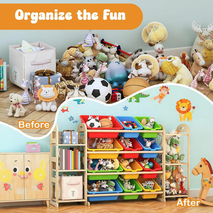 Kids Toy Storage Organizer, Toy Organizers and Storage with Stuffed Animal Storage, Toy Storage Shelf with 3 Shelves, 12 Storage Bins, Kids Bookshelf, Toy Holder for Playrooms, Bedrooms, White