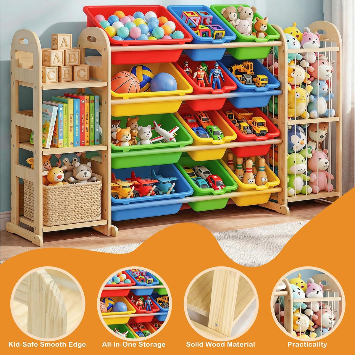 Kids Toy Storage Organizer, Toy Organizers and Storage with Stuffed Animal Storage, Toy Storage Shelf with 3 Shelves, 12 Storage Bins, Kids Bookshelf, Toy Holder for Playrooms, Bedrooms, White