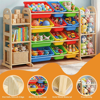 Kids Toy Storage Organizer, Toy Organizers and Storage with Stuffed Animal Storage, Toy Storage Shelf with 3 Shelves, 12 Storage Bins, Kids Bookshelf, Toy Holder for Playrooms, Bedrooms, White