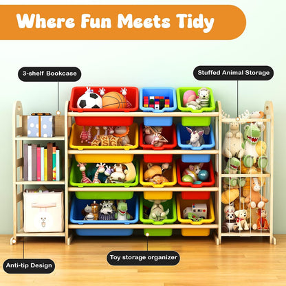 Kids Toy Storage Organizer, Toy Organizers and Storage with Stuffed Animal Storage, Toy Storage Shelf with 3 Shelves, 12 Storage Bins, Kids Bookshelf, Toy Holder for Playrooms, Bedrooms, White