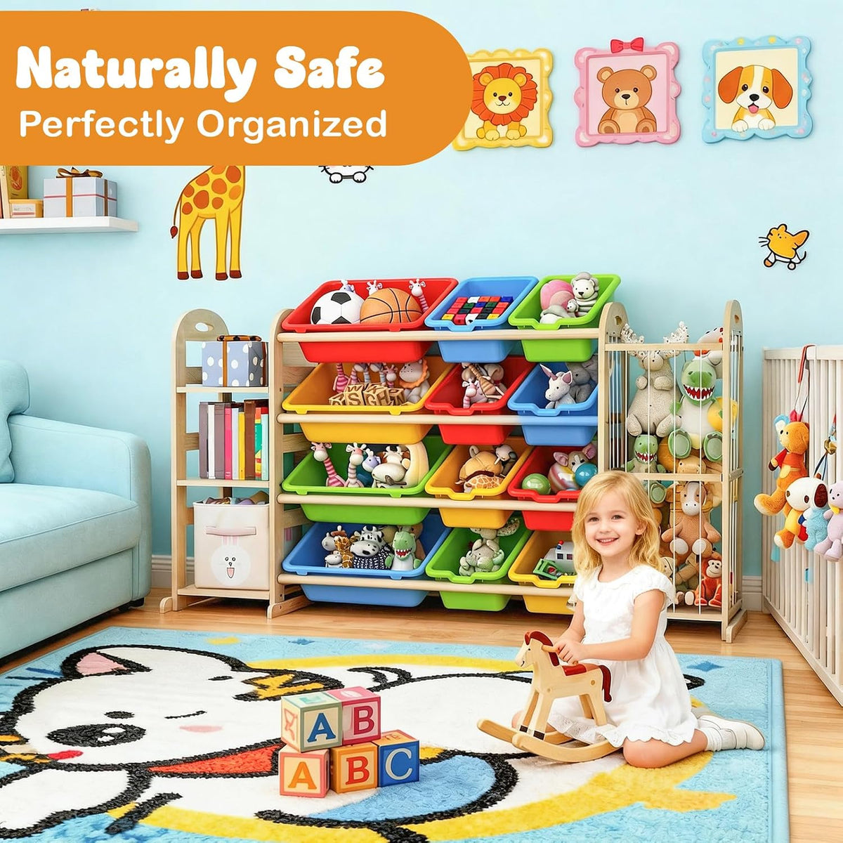 Kids Toy Storage Organizer, Toy Organizers and Storage with Stuffed Animal Storage, Toy Storage Shelf with 3 Shelves, 12 Storage Bins, Kids Bookshelf, Toy Holder for Playrooms, Bedrooms, White
