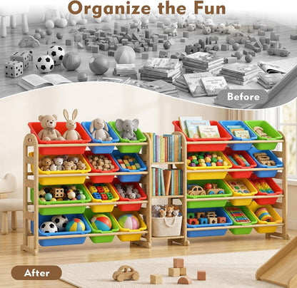 Kids Toy Storage Organizer, Toy Organizers and Storage with Stuffed Animal Storage, Toy Storage Shelf with 3 Shelves, 12 Storage Bins, Kids Bookshelf, Toy Holder for Playrooms, Bedrooms, White