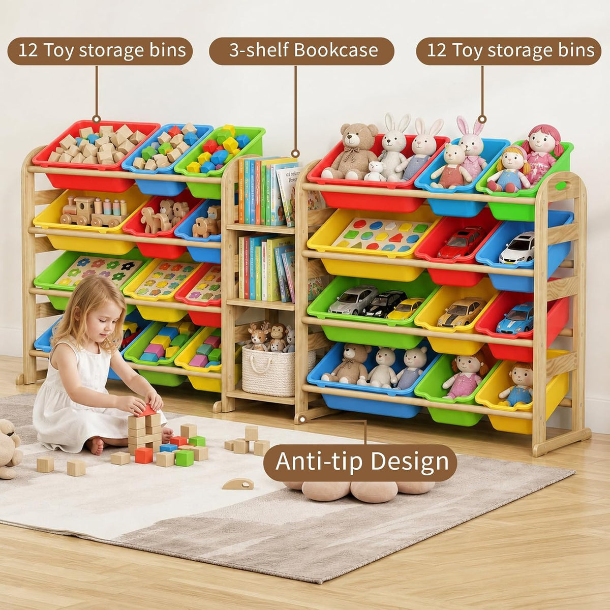 Kids Toy Storage Organizer, Toy Organizers and Storage with Stuffed Animal Storage, Toy Storage Shelf with 3 Shelves, 12 Storage Bins, Kids Bookshelf, Toy Holder for Playrooms, Bedrooms, White