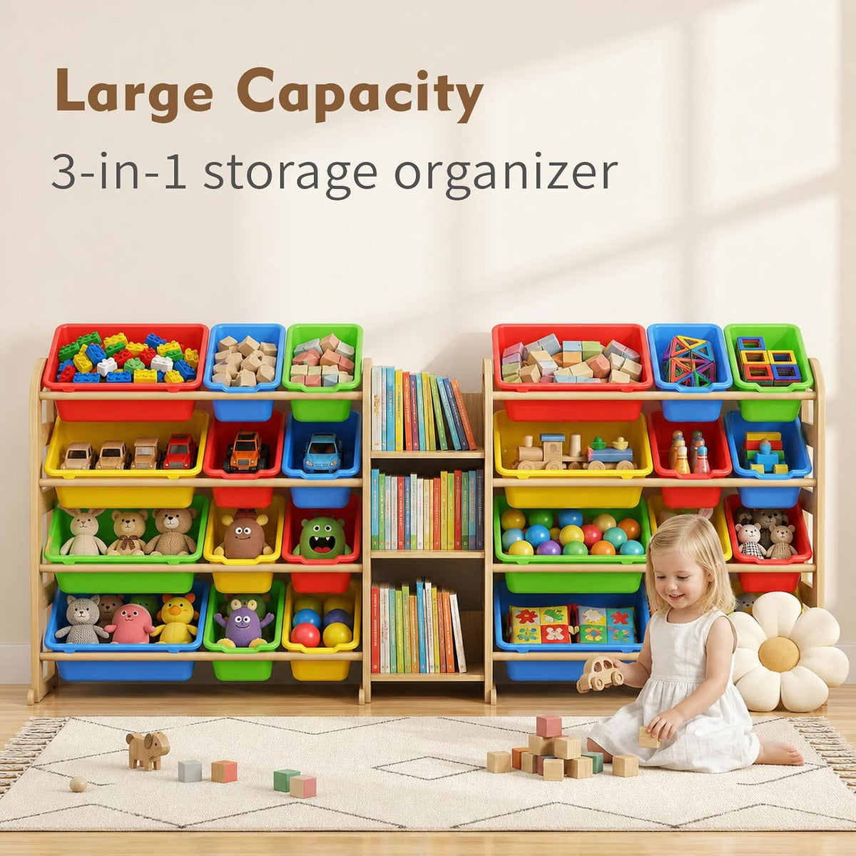 Kids Toy Storage Organizer, Toy Organizers and Storage with Stuffed Animal Storage, Toy Storage Shelf with 3 Shelves, 12 Storage Bins, Kids Bookshelf, Toy Holder for Playrooms, Bedrooms, White