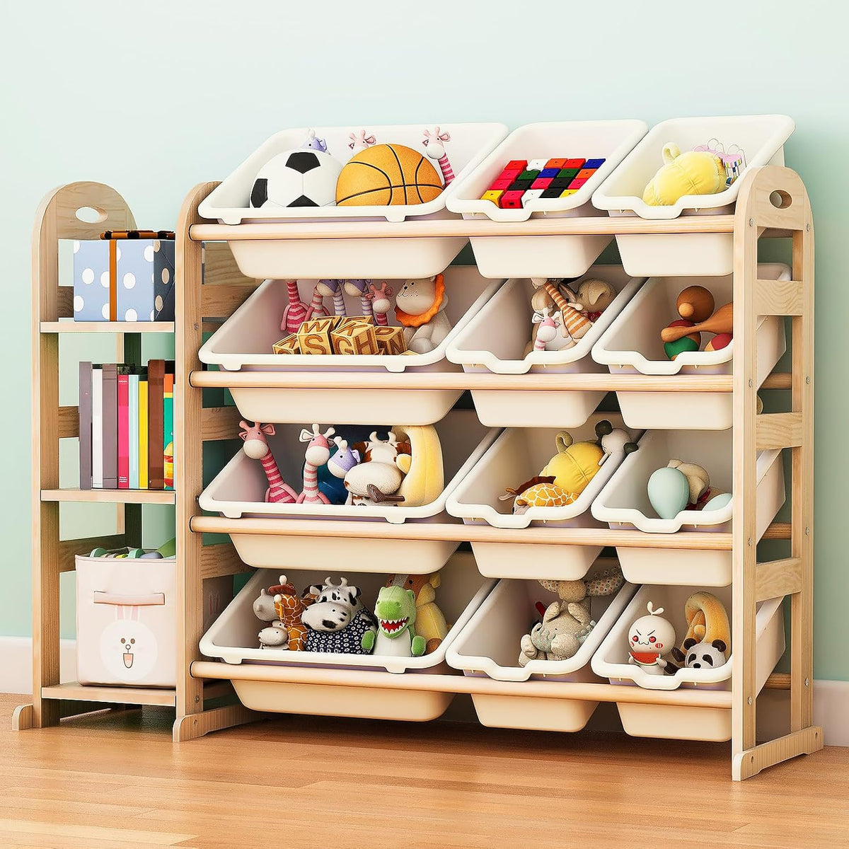 Kids Toy Storage Organizer, Toy Organizers and Storage with Stuffed Animal Storage, Toy Storage Shelf with 3 Shelves, 12 Storage Bins, Kids Bookshelf, Toy Holder for Playrooms, Bedrooms, White