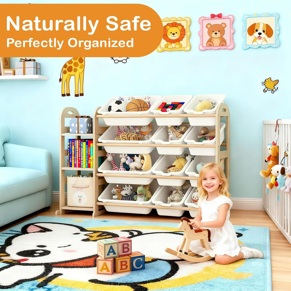 Kids Toy Storage Organizer, Toy Organizers and Storage with Stuffed Animal Storage, Toy Storage Shelf with 3 Shelves, 12 Storage Bins, Kids Bookshelf, Toy Holder for Playrooms, Bedrooms, White