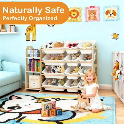 Kids Toy Storage Organizer, Toy Organizers and Storage with Stuffed Animal Storage, Toy Storage Shelf with 3 Shelves, 12 Storage Bins, Kids Bookshelf, Toy Holder for Playrooms, Bedrooms, White