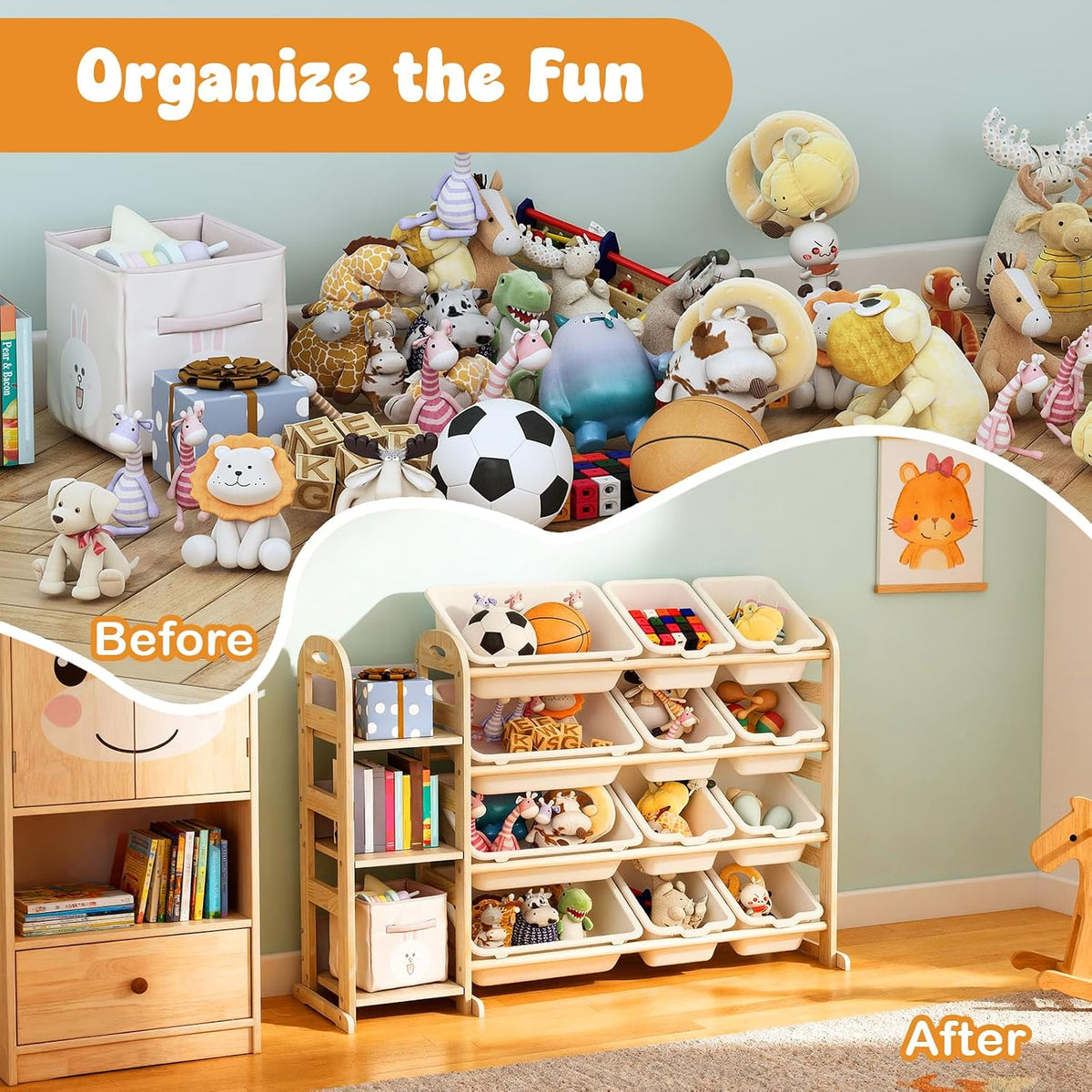 Kids Toy Storage Organizer, Toy Organizers and Storage with Stuffed Animal Storage, Toy Storage Shelf with 3 Shelves, 12 Storage Bins, Kids Bookshelf, Toy Holder for Playrooms, Bedrooms, White