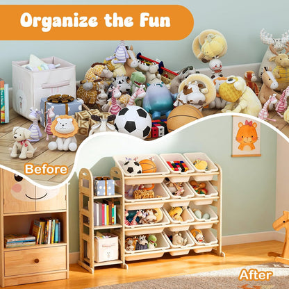 Kids Toy Storage Organizer, Toy Organizers and Storage with Stuffed Animal Storage, Toy Storage Shelf with 3 Shelves, 12 Storage Bins, Kids Bookshelf, Toy Holder for Playrooms, Bedrooms, White
