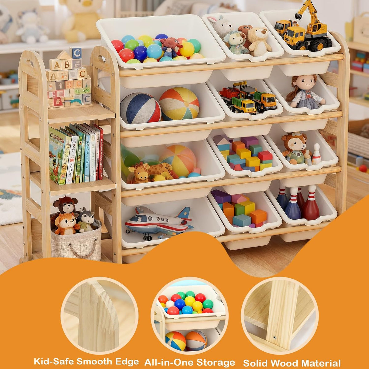 Kids Toy Storage Organizer, Toy Organizers and Storage with Stuffed Animal Storage, Toy Storage Shelf with 3 Shelves, 12 Storage Bins, Kids Bookshelf, Toy Holder for Playrooms, Bedrooms, White