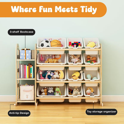 Kids Toy Storage Organizer, Toy Organizers and Storage with Stuffed Animal Storage, Toy Storage Shelf with 3 Shelves, 12 Storage Bins, Kids Bookshelf, Toy Holder for Playrooms, Bedrooms, White