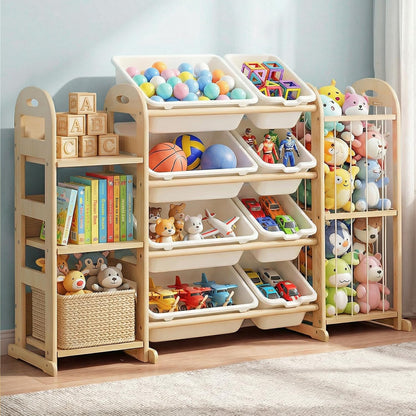 Kids Toy Storage Organizer, Toy Organizers and Storage with Stuffed Animal Storage, Toy Storage Shelf with 3 Shelves, 12 Storage Bins, Kids Bookshelf, Toy Holder for Playrooms, Bedrooms, White