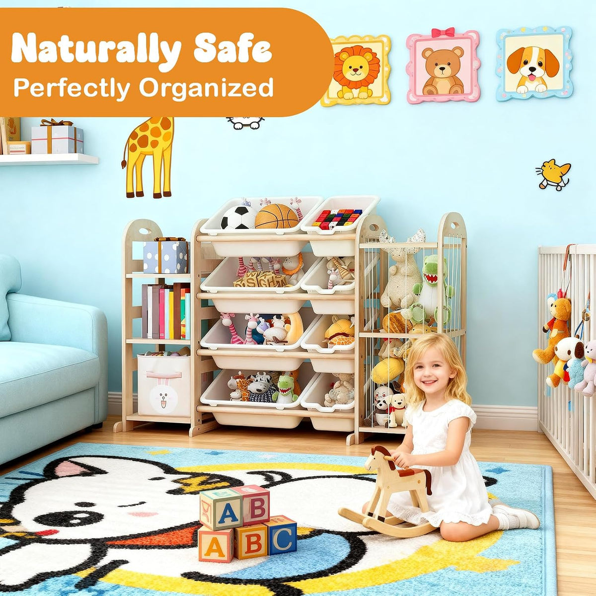 Kids Toy Storage Organizer, Toy Organizers and Storage with Stuffed Animal Storage, Toy Storage Shelf with 3 Shelves, 12 Storage Bins, Kids Bookshelf, Toy Holder for Playrooms, Bedrooms, White