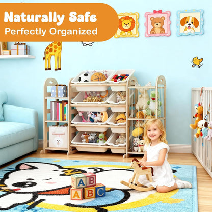 Kids Toy Storage Organizer, Toy Organizers and Storage with Stuffed Animal Storage, Toy Storage Shelf with 3 Shelves, 12 Storage Bins, Kids Bookshelf, Toy Holder for Playrooms, Bedrooms, White