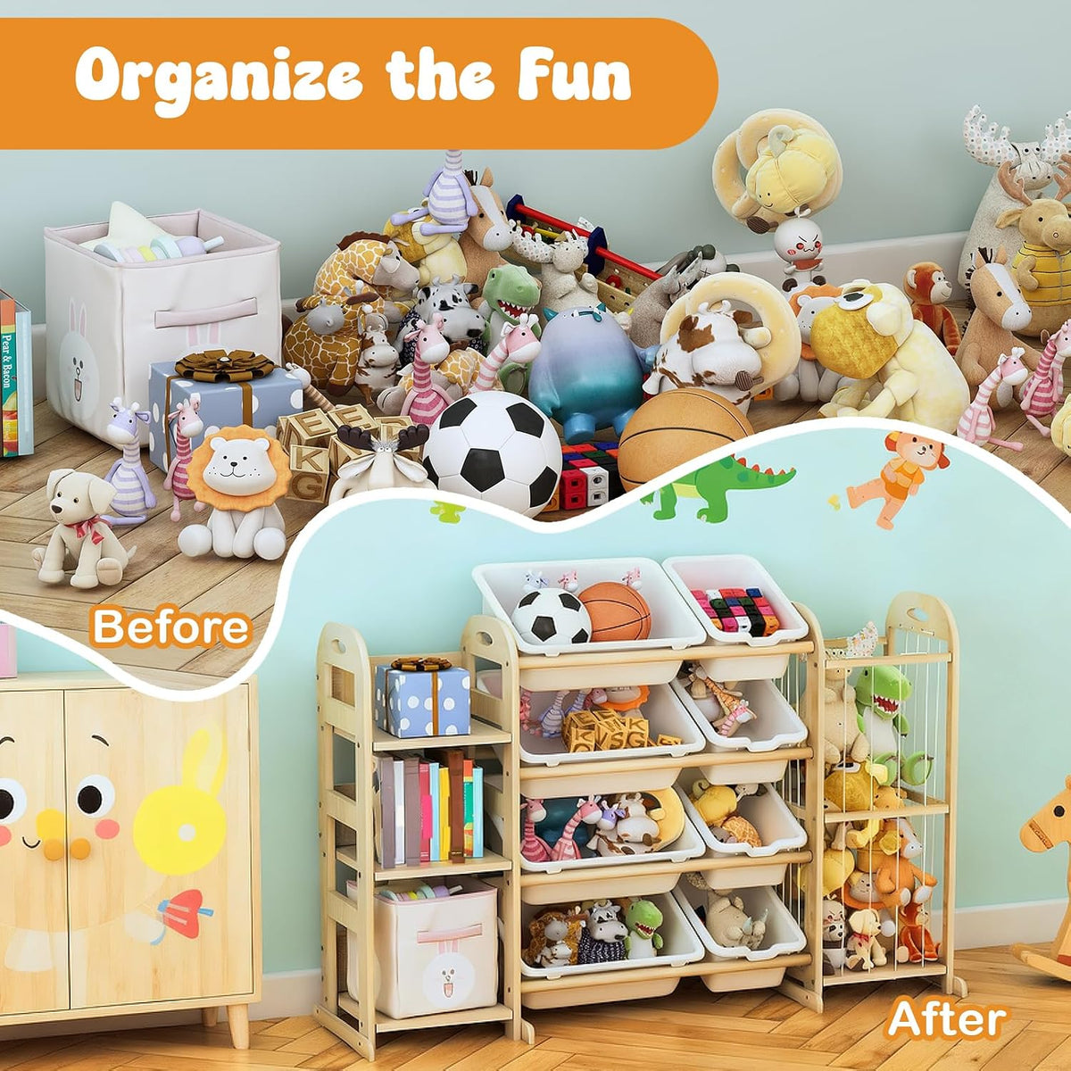 Kids Toy Storage Organizer, Toy Organizers and Storage with Stuffed Animal Storage, Toy Storage Shelf with 3 Shelves, 12 Storage Bins, Kids Bookshelf, Toy Holder for Playrooms, Bedrooms, White