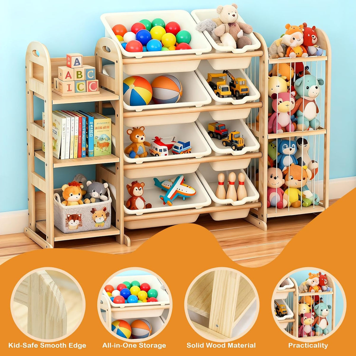 Kids Toy Storage Organizer, Toy Organizers and Storage with Stuffed Animal Storage, Toy Storage Shelf with 3 Shelves, 12 Storage Bins, Kids Bookshelf, Toy Holder for Playrooms, Bedrooms, White