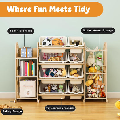 Kids Toy Storage Organizer, Toy Organizers and Storage with Stuffed Animal Storage, Toy Storage Shelf with 3 Shelves, 12 Storage Bins, Kids Bookshelf, Toy Holder for Playrooms, Bedrooms, White