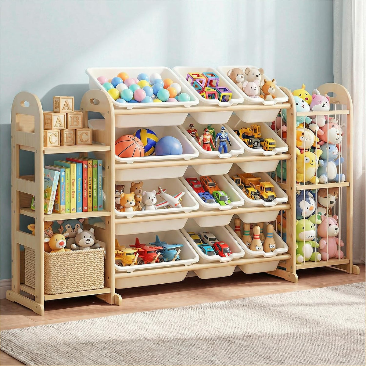 Kids Toy Storage Organizer, Toy Organizers and Storage with Stuffed Animal Storage, Toy Storage Shelf with 3 Shelves, 12 Storage Bins, Kids Bookshelf, Toy Holder for Playrooms, Bedrooms, White