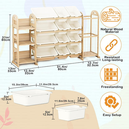 Kids Toy Storage Organizer, Toy Organizers and Storage with Stuffed Animal Storage, Toy Storage Shelf with 3 Shelves, 12 Storage Bins, Kids Bookshelf, Toy Holder for Playrooms, Bedrooms, White