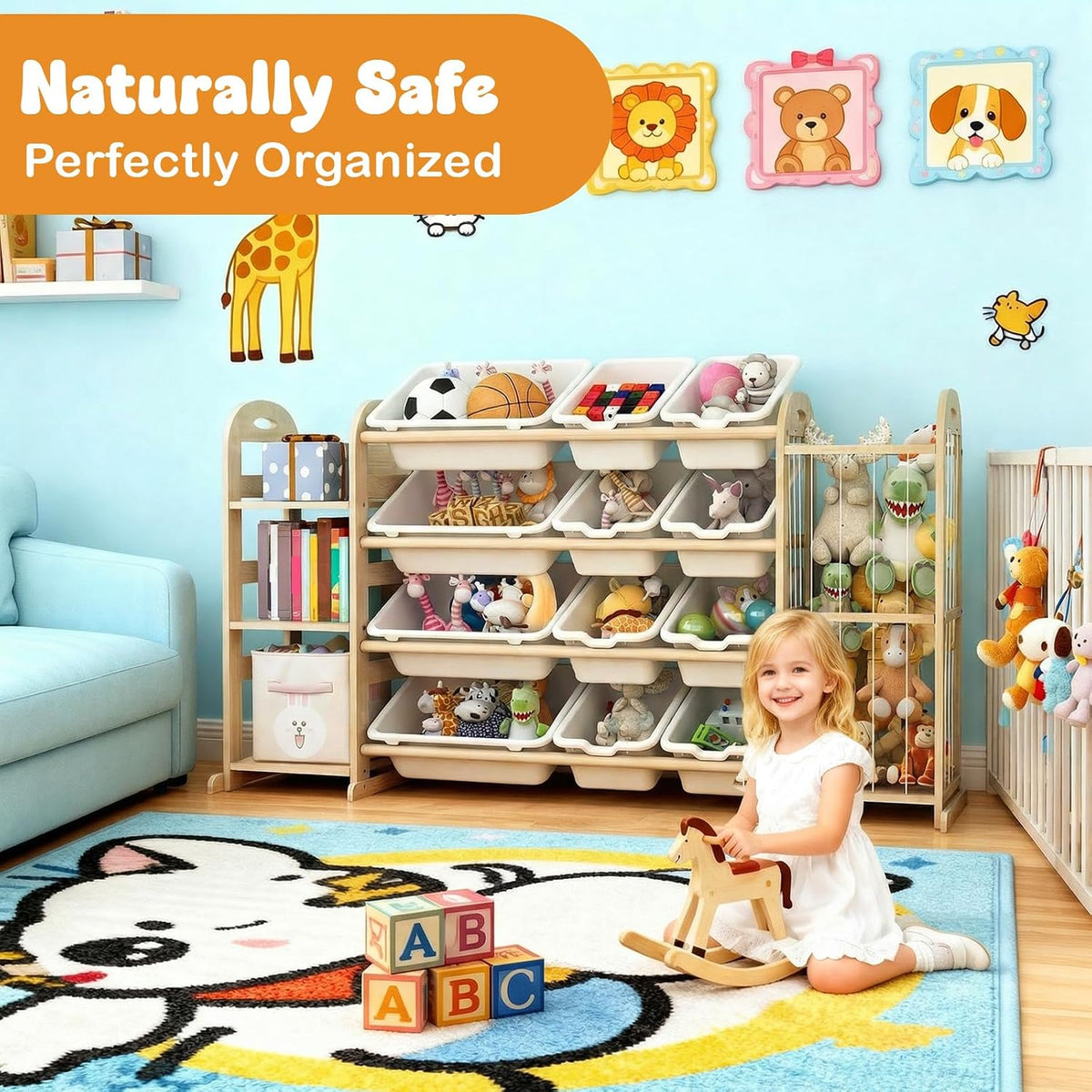 Kids Toy Storage Organizer, Toy Organizers and Storage with Stuffed Animal Storage, Toy Storage Shelf with 3 Shelves, 12 Storage Bins, Kids Bookshelf, Toy Holder for Playrooms, Bedrooms, White