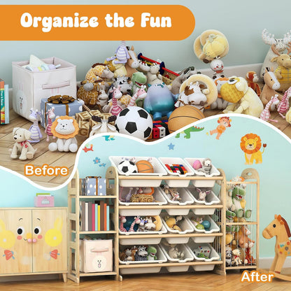 Kids Toy Storage Organizer, Toy Organizers and Storage with Stuffed Animal Storage, Toy Storage Shelf with 3 Shelves, 12 Storage Bins, Kids Bookshelf, Toy Holder for Playrooms, Bedrooms, White