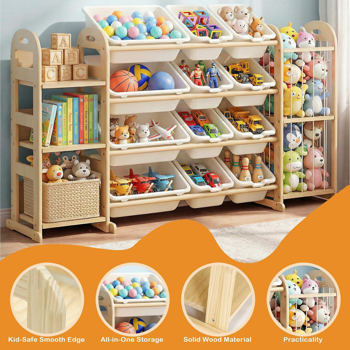 Kids Toy Storage Organizer, Toy Organizers and Storage with Stuffed Animal Storage, Toy Storage Shelf with 3 Shelves, 12 Storage Bins, Kids Bookshelf, Toy Holder for Playrooms, Bedrooms, White
