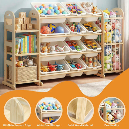 Kids Toy Storage Organizer, Toy Organizers and Storage with Stuffed Animal Storage, Toy Storage Shelf with 3 Shelves, 12 Storage Bins, Kids Bookshelf, Toy Holder for Playrooms, Bedrooms, White