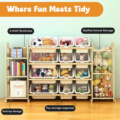 Kids Toy Storage Organizer, Toy Organizers and Storage with Stuffed Animal Storage, Toy Storage Shelf with 3 Shelves, 12 Storage Bins, Kids Bookshelf, Toy Holder for Playrooms, Bedrooms, White