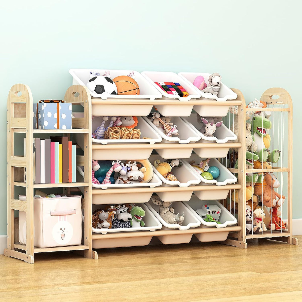 Kids Toy Storage Organizer, Toy Organizers and Storage with Stuffed Animal Storage, Toy Storage Shelf with 3 Shelves, 12 Storage Bins, Kids Bookshelf, Toy Holder for Playrooms, Bedrooms, White
