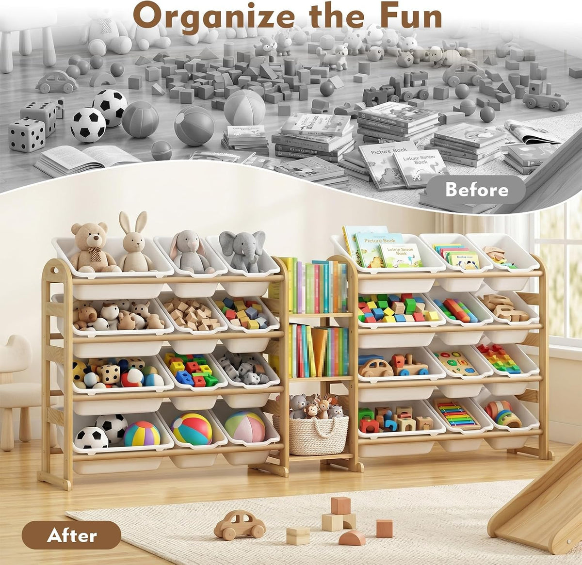 Kids Toy Storage Organizer, Toy Organizers and Storage with Stuffed Animal Storage, Toy Storage Shelf with 3 Shelves, 12 Storage Bins, Kids Bookshelf, Toy Holder for Playrooms, Bedrooms, White