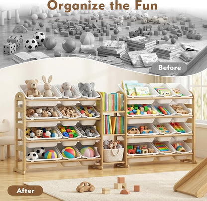 Kids Toy Storage Organizer, Toy Organizers and Storage with Stuffed Animal Storage, Toy Storage Shelf with 3 Shelves, 12 Storage Bins, Kids Bookshelf, Toy Holder for Playrooms, Bedrooms, White