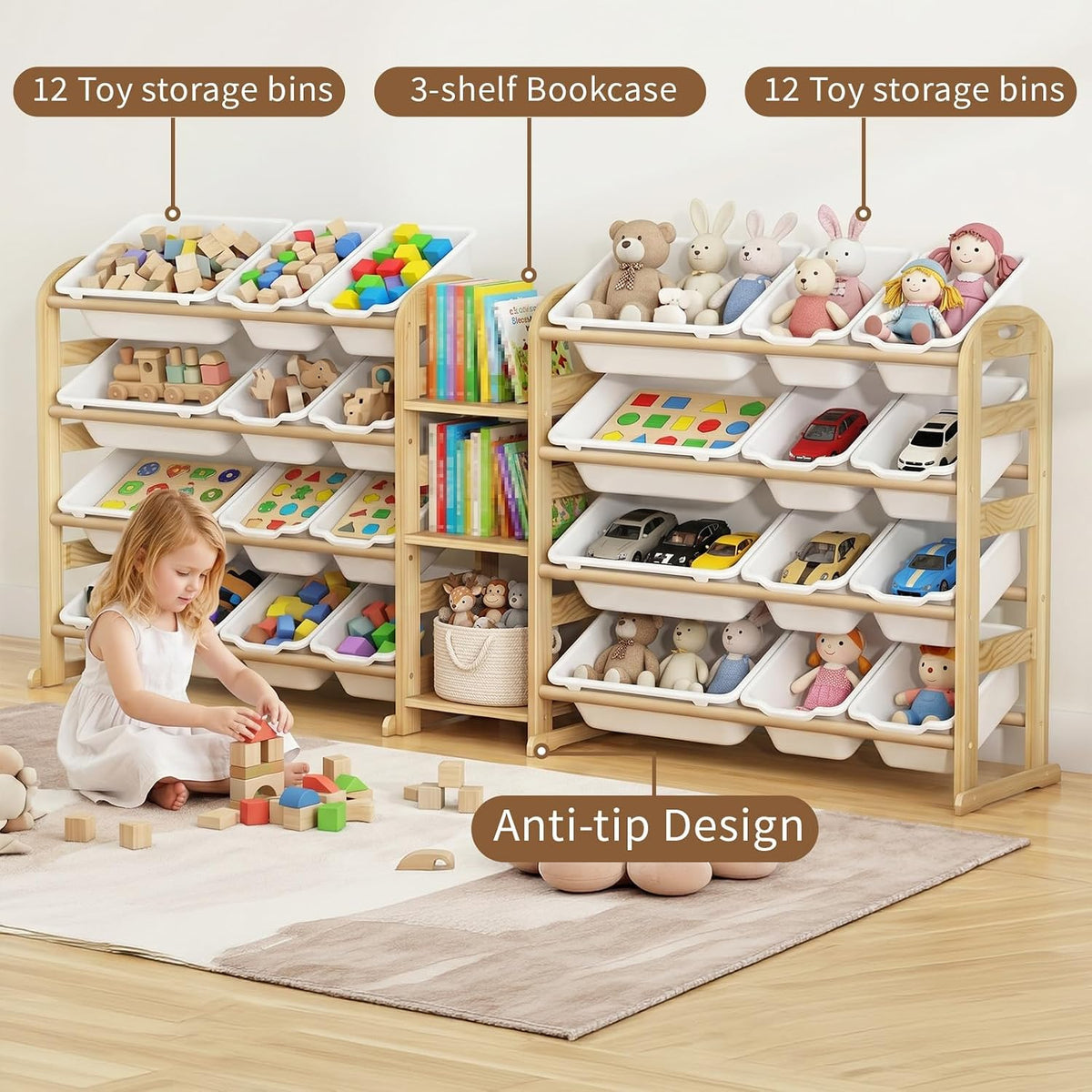 Kids Toy Storage Organizer, Toy Organizers and Storage with Stuffed Animal Storage, Toy Storage Shelf with 3 Shelves, 12 Storage Bins, Kids Bookshelf, Toy Holder for Playrooms, Bedrooms, White