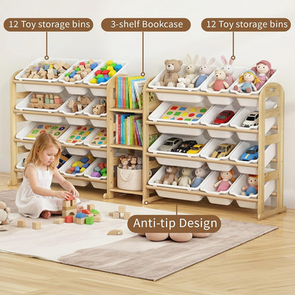 Kids Toy Storage Organizer, Toy Organizers and Storage with Stuffed Animal Storage, Toy Storage Shelf with 3 Shelves, 12 Storage Bins, Kids Bookshelf, Toy Holder for Playrooms, Bedrooms, White