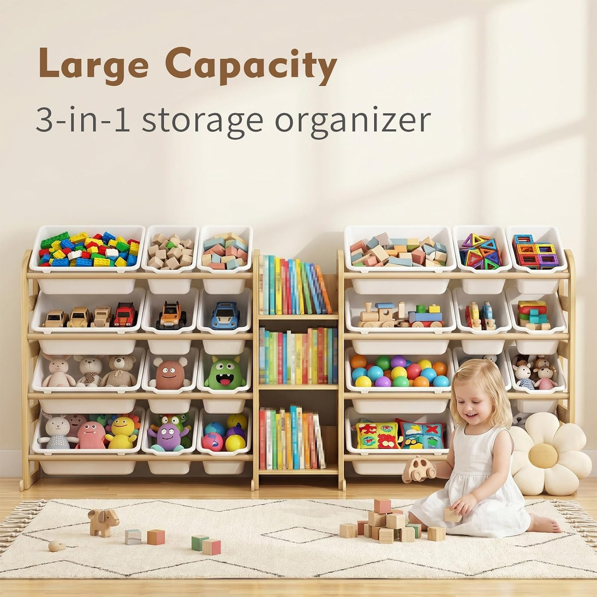 Kids Toy Storage Organizer, Toy Organizers and Storage with Stuffed Animal Storage, Toy Storage Shelf with 3 Shelves, 12 Storage Bins, Kids Bookshelf, Toy Holder for Playrooms, Bedrooms, White