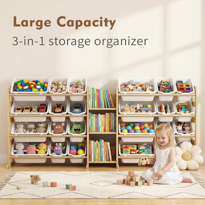 Kids Toy Storage Organizer, Toy Organizers and Storage with Stuffed Animal Storage, Toy Storage Shelf with 3 Shelves, 12 Storage Bins, Kids Bookshelf, Toy Holder for Playrooms, Bedrooms, White