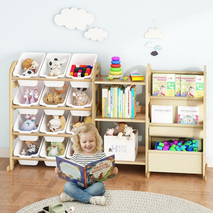 Kids Toy Storage Organizer, Toy Organizers and Storage with Stuffed Animal Storage, Toy Storage Shelf with 3 Shelves, 12 Storage Bins, Kids Bookshelf, Toy Holder for Playrooms, Bedrooms, White