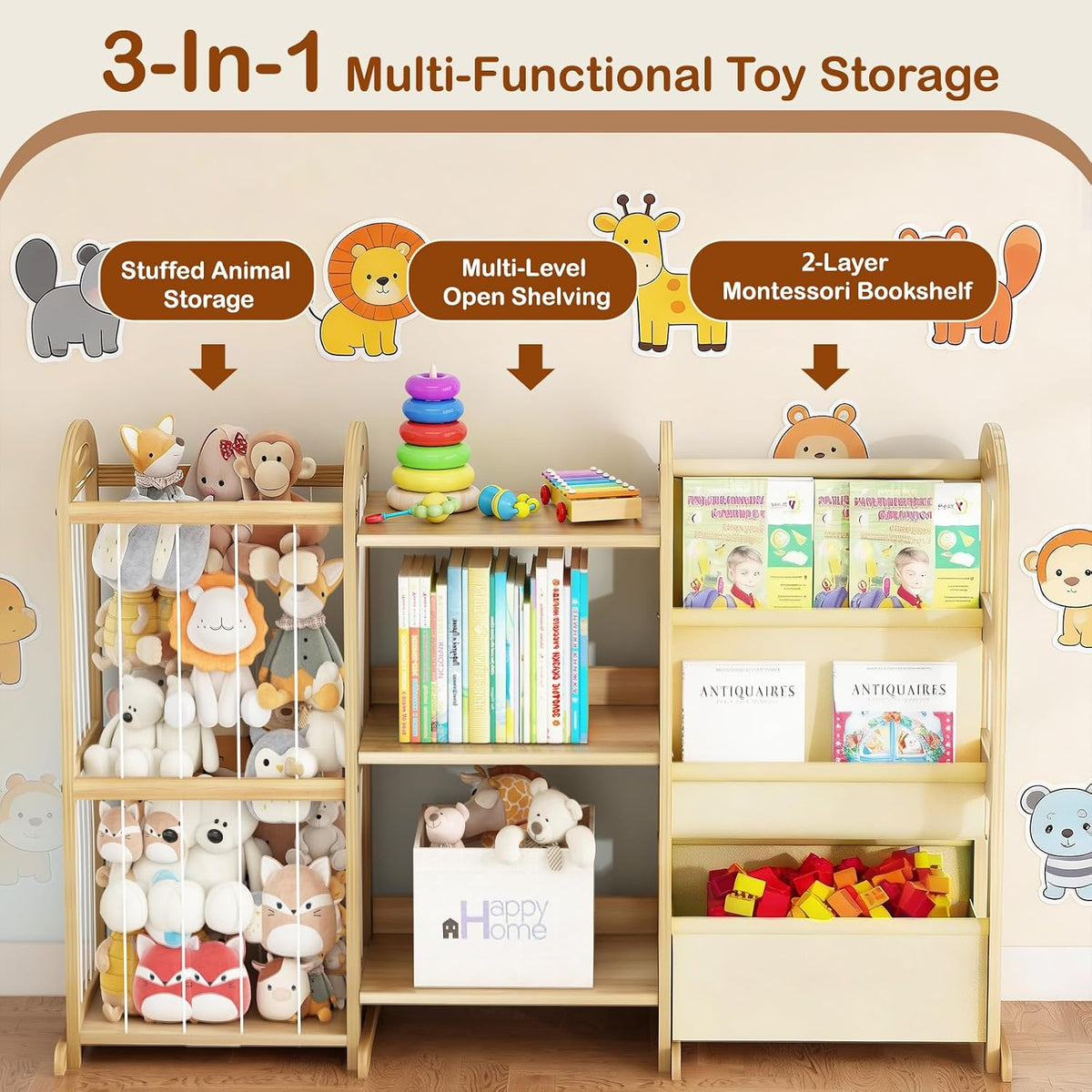 Kids Toy Storage Organizer, Toy Organizers and Storage with Stuffed Animal Storage, Toy Storage Shelf with 3 Shelves, 12 Storage Bins, Kids Bookshelf, Toy Holder for Playrooms, Bedrooms, White