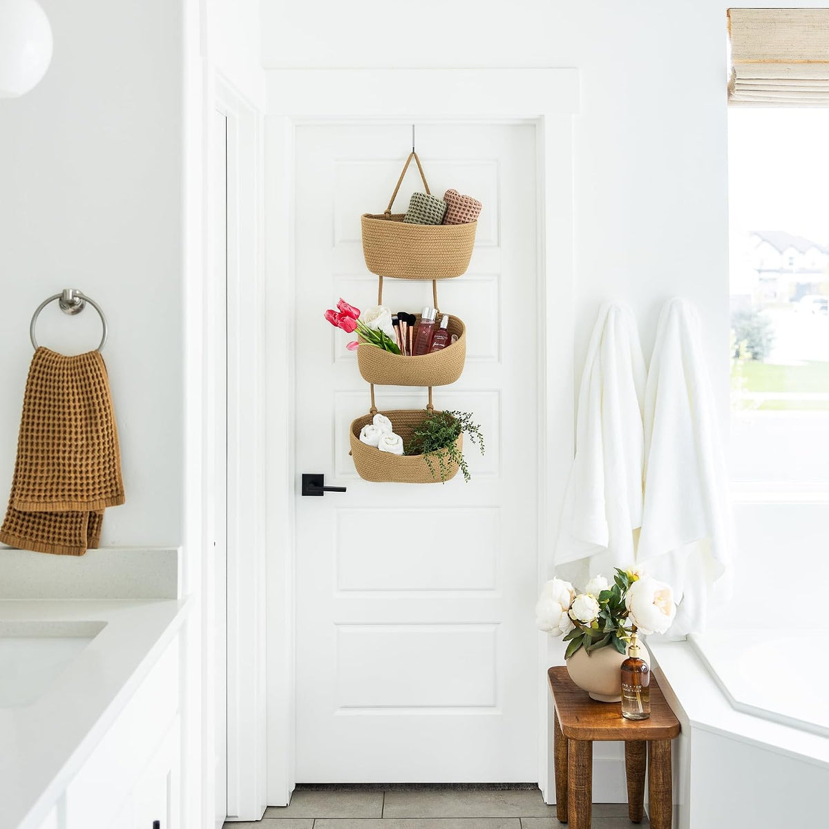 3-Tier Over the Door Hanging Basket (Set of 2) Adjustable, Detachable Woven Storage Baskets with Wall and Door Hooks - Decorative Boho Organizer for Nursery, Playroom, Bedroom, Kitchen, Apartment
