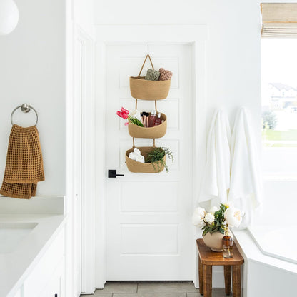 3-Tier Over the Door Hanging Basket (Set of 2) Adjustable, Detachable Woven Storage Baskets with Wall and Door Hooks - Decorative Boho Organizer for Nursery, Playroom, Bedroom, Kitchen, Apartment